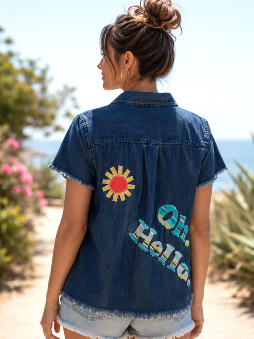 Women's Applique Denim Shirt Upcycled Lightweight Button-Down Oh Hello Size M